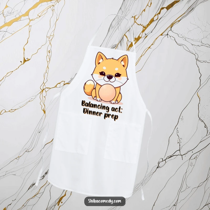 Funny Shiba Inu apron depicting a dog focused on balancing a ball on its nose, perfect for a humorous kitchen.