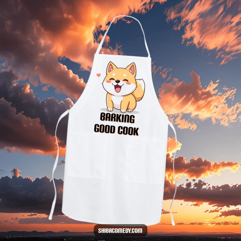 Funny Shiba Inu dog character with a fluffy tail wagging on an apron, adding a touch of canine joy to the kitchen.