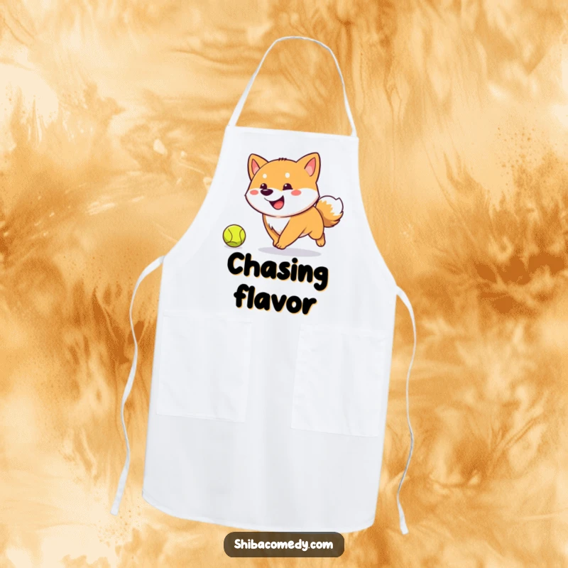 Funny Shiba Inu apron with a happy, tail-wagging dog chasing a tennis ball, perfect for adding humor to culinary adventures.