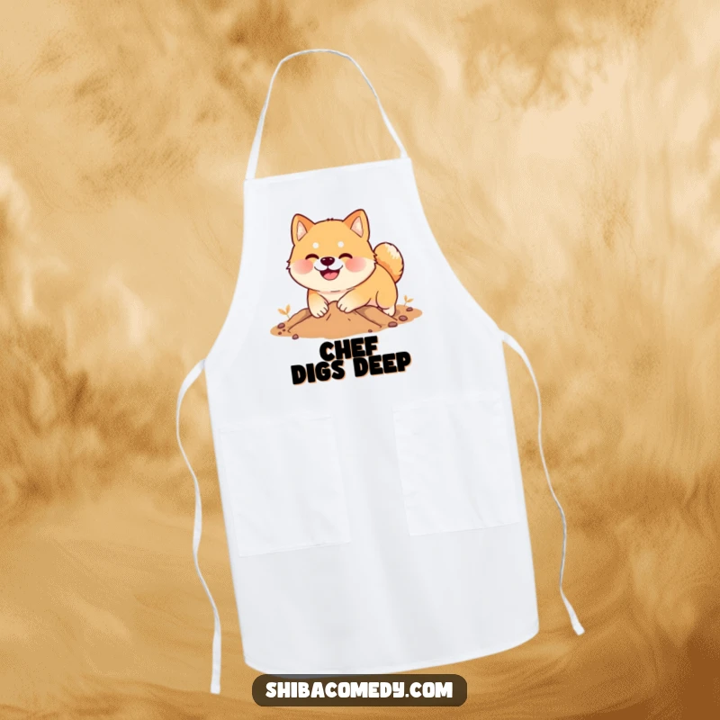 Funny Shiba Inu apron, a smiling dog digs enthusiastically in soft earth, humorous kitchen accessory.
