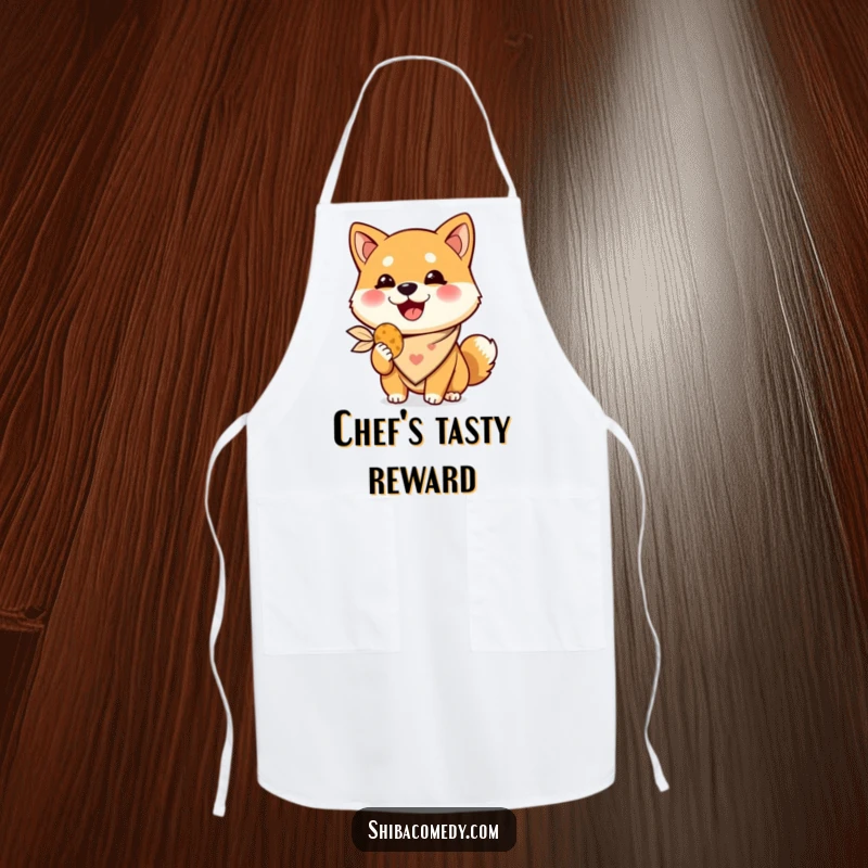 Funny Shiba Inu apron, a happy dog in a bandana holds a treat, humorous kitchen accessory for cooks.