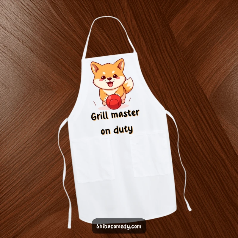 Funny Shiba Inu apron depicting a determined dog chasing a red ball, ideal for kitchen tasks with humorous intent.