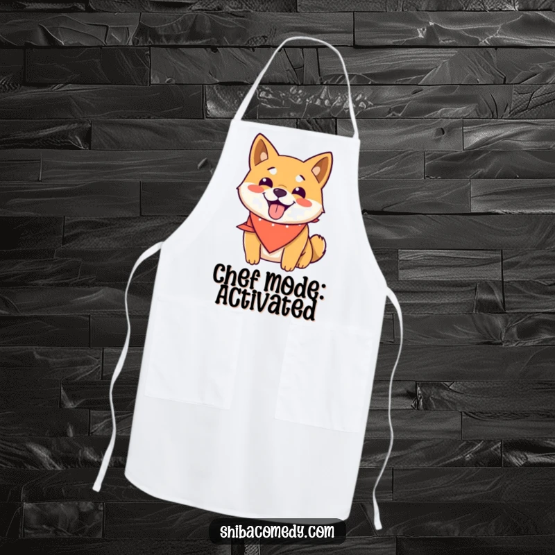 Funny Shiba Inu apron with a happy dog wearing a bandana, panting joyfully, ideal for kitchen fun and humorous cooking.