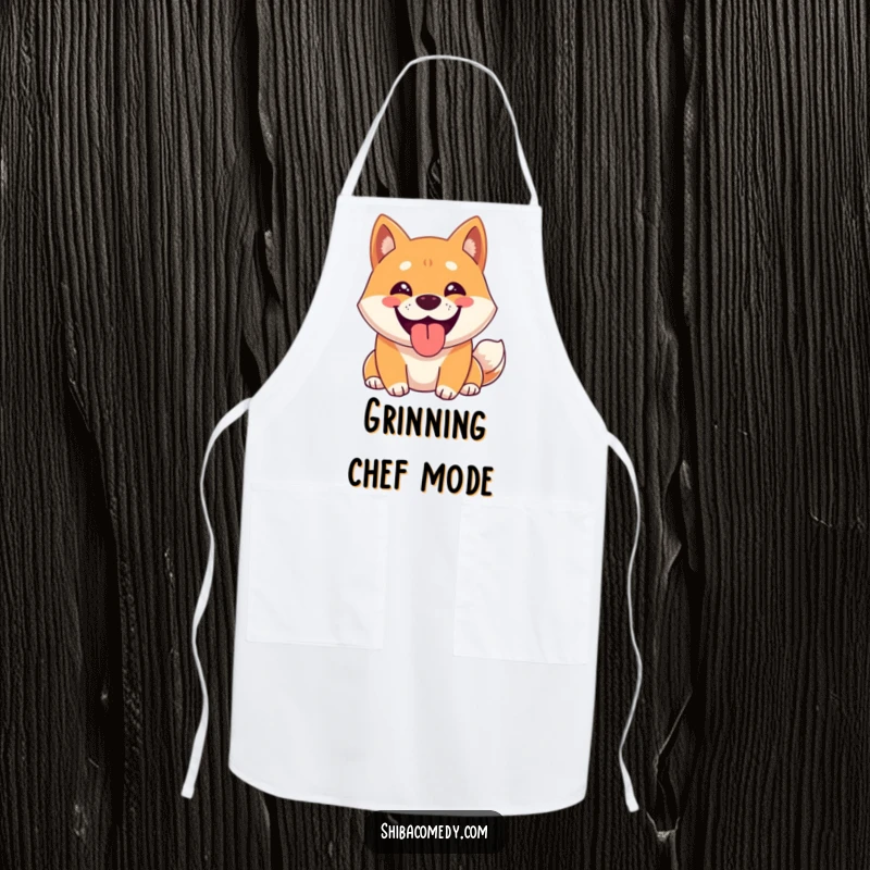 Funny Shiba Inu Apron with a happy Shiba Inu character with a wide grin, panting, adding humor to cooking.