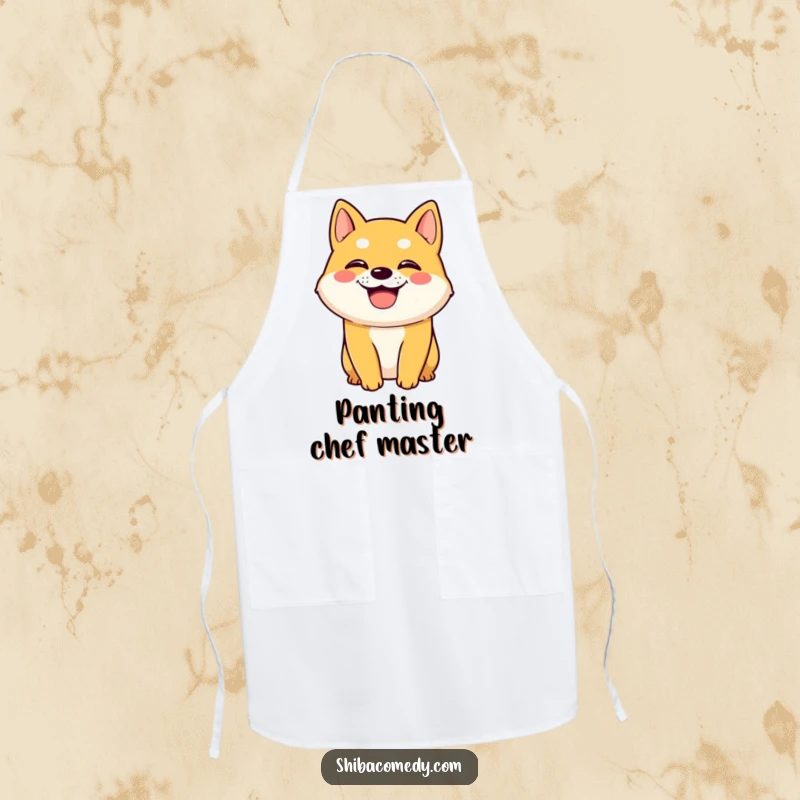 Funny Shiba Inu dog character with a wide grin and panting on an apron, adding a touch of canine joy to any kitchen.
