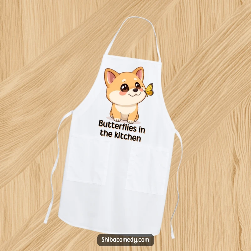 Funny Shiba Inu apron for the kitchen, showing a dog with wide eyes watching a butterfly flutter past.