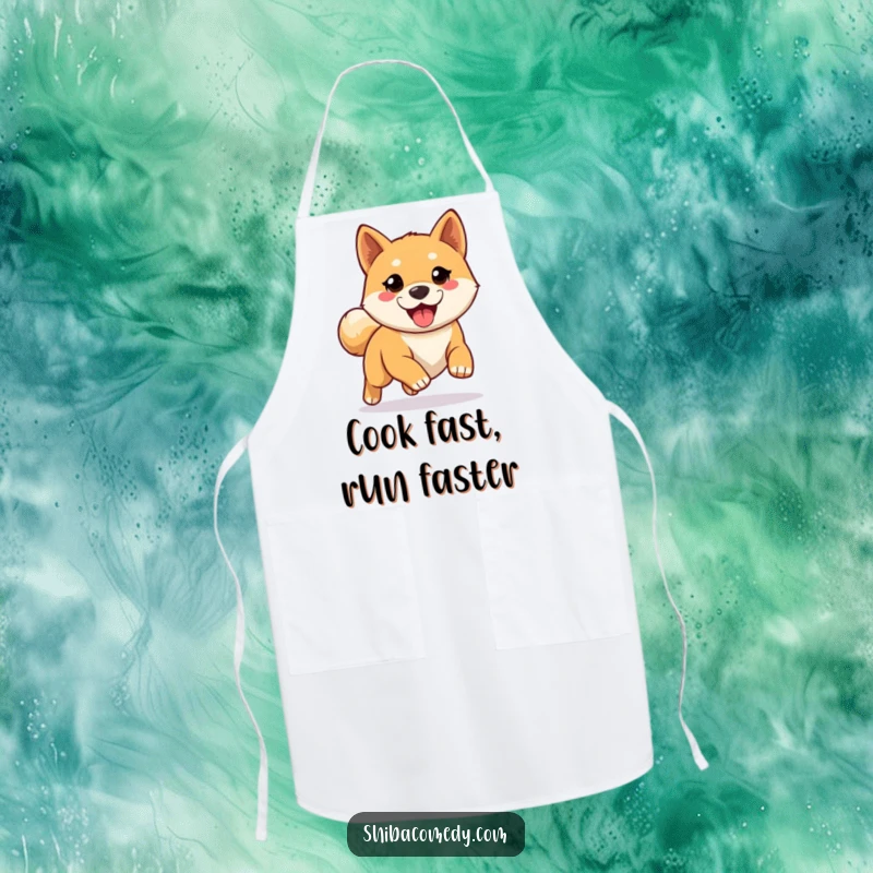 Funny Shiba Inu apron depicting an eager dog ready for a run, adding a touch of energetic humor to kitchen attire.