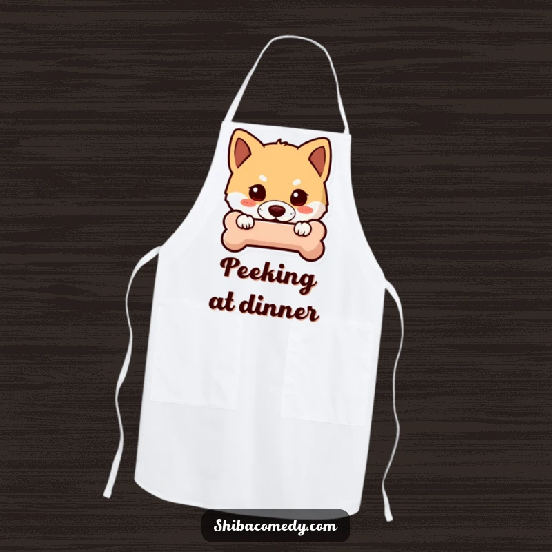 Funny Shiba Inu apron showing a curious dog peeking from behind a bone icon, perfect for humorous kitchen hide-and-seek.