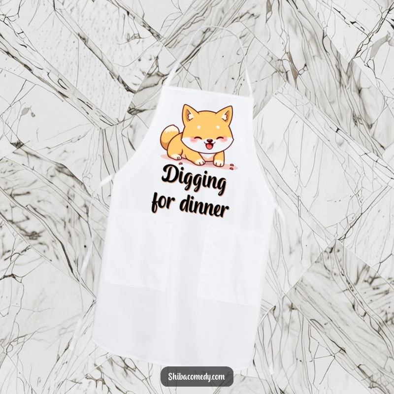 Funny Shiba Inu apron featuring a dog energetically digging with its paws, ideal for kitchen use and humorous gifting.