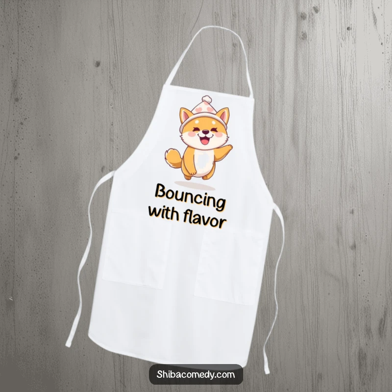 Funny Shiba Inu Apron: A Shiba Inu wearing a tiny hat bounces with excitement, perfect for a humorous and festive cooking experience.