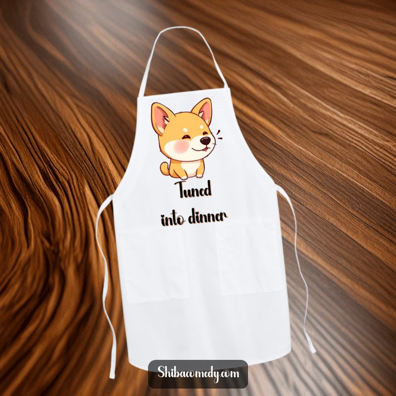 Funny apron showcasing a Shiba Inu dog with wide, perked ears, listening intently, ready for kitchen tasks.