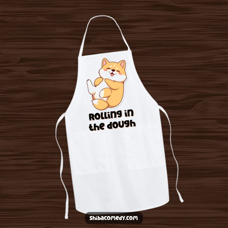 Funny Shiba Inu apron showing a dog rolling on its back, paws flailing, adding a humorous touch to kitchen activities.