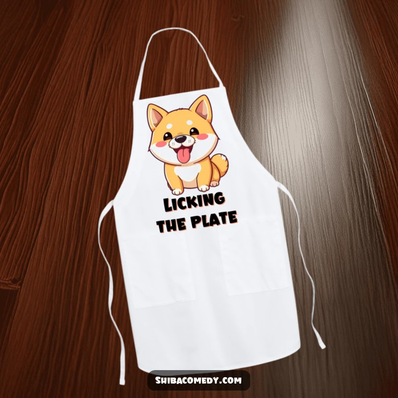 Funny Shiba Inu Apron: A playful Shiba Inu dog sticks its tongue out, perfect for a functional and funny kitchen accessory.