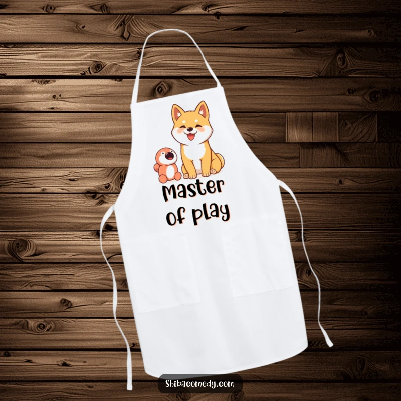 Funny apron showcasing a proud Shiba Inu dog with a goofy smile, sitting next to its toy.