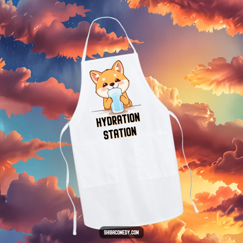 Funny Shiba Inu Apron: A happy dog drinks water with delight, a hilarious and practical kitchen accessory for dog lovers.