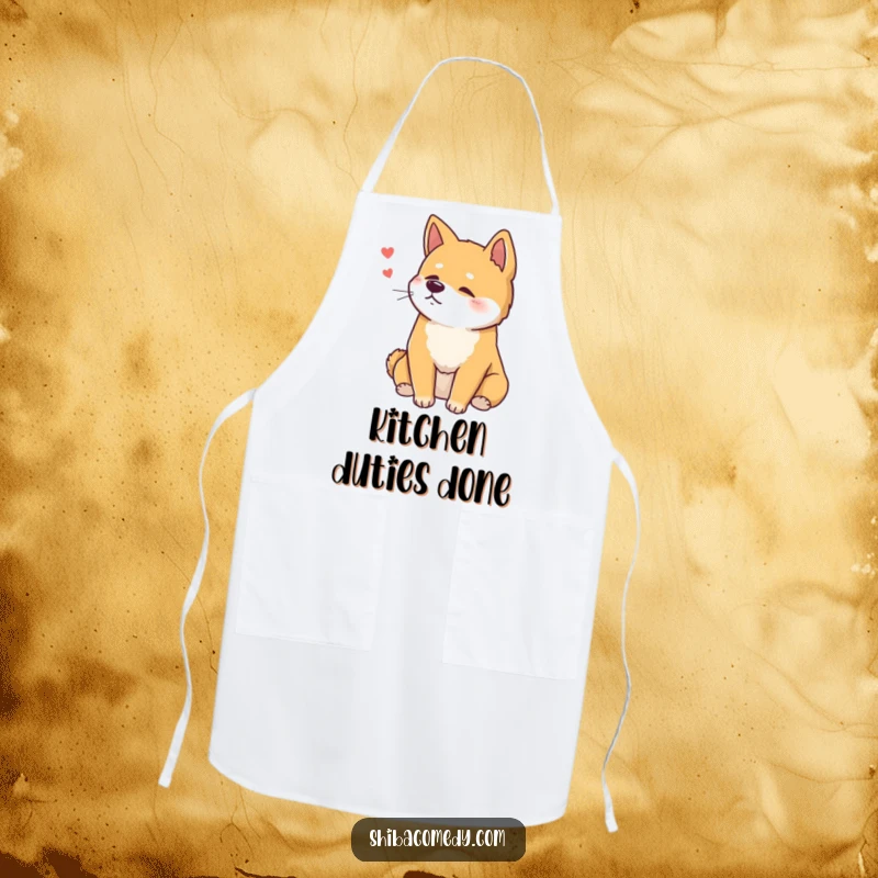 Funny Shiba Inu Apron with a dog sitting with a contented sigh, great for kitchens and a funny gift.