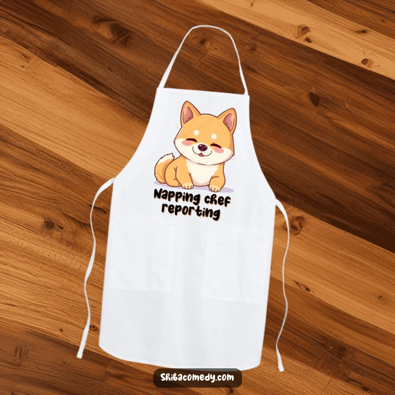 Funny Shiba Inu apron for the kitchen, showing a content dog peacefully snoozing in a sunbeam.