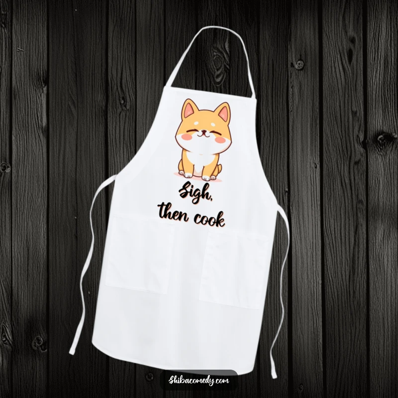 Funny Shiba Inu apron showing a dog with eyes closed, doing a hilarious, happy sigh, perfect for a calm cooking experience.