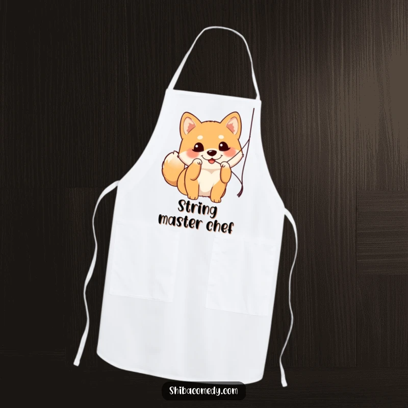 Funny Shiba Inu apron featuring a dog with bright eyes playfully batting at a string, ready for kitchen fun.