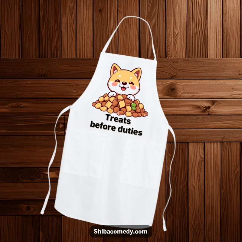 Funny Shiba Inu apron with a smiling dog peeking from behind a pile of treats, perfect for adding humor to cooking.