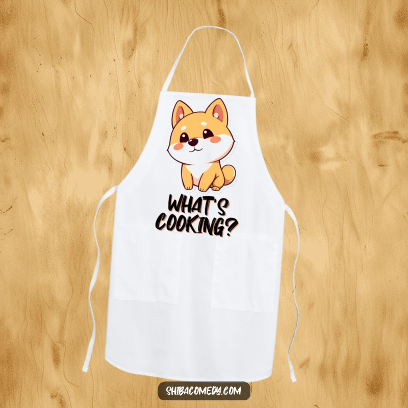 Funny Shiba Inu dog character tilting its head curiously with one ear up on an apron, adding a touch of thoughtful charm to the kitchen.