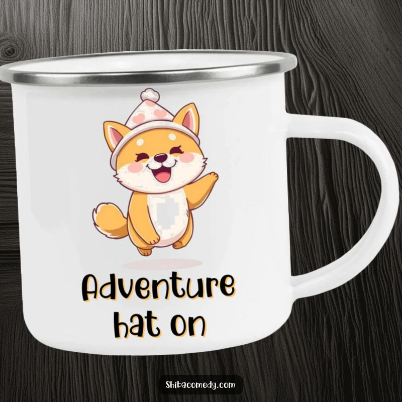 Funny Shiba Inu Camping Mug: A Shiba Inu wearing a tiny hat bounces with excitement, designed for outdoor fun and humor.