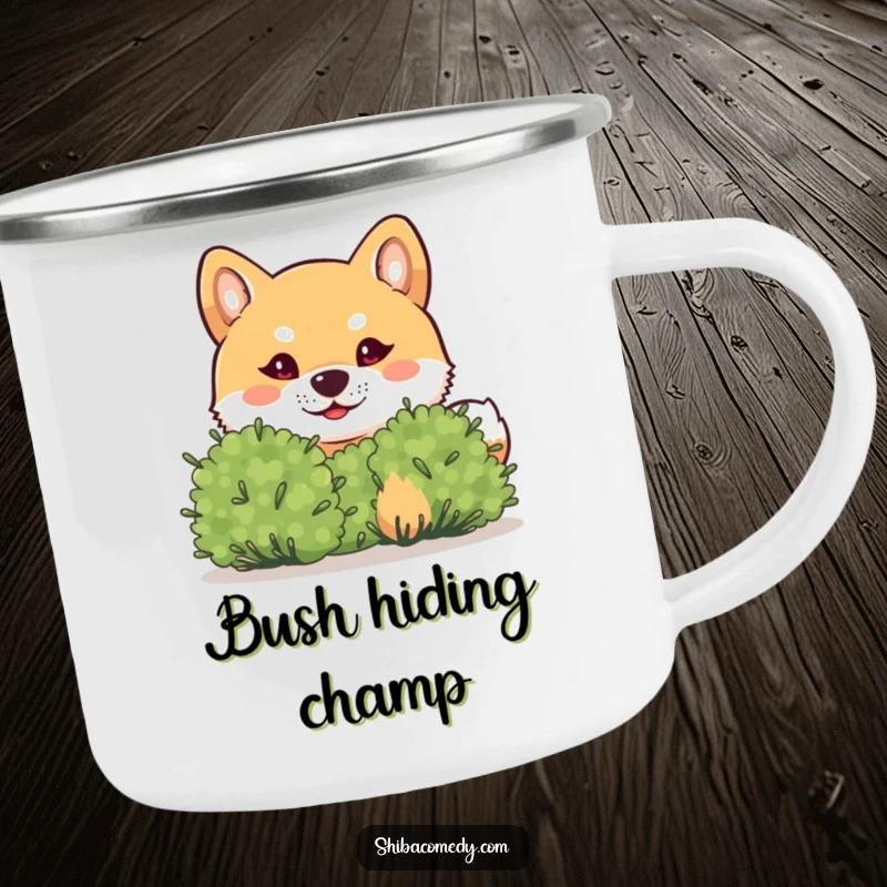 Funny Shiba Inu Camping Mug: A mischievous Shiba Inu peeks from a bush, designed for outdoor fun and humor.