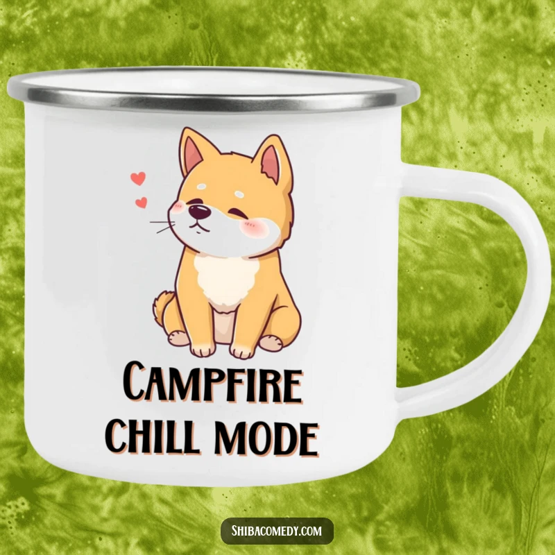 Funny Shiba Inu Camping Mug with a relaxed dog sitting with a contented sigh, ideal for outdoor calm and a funny gift.