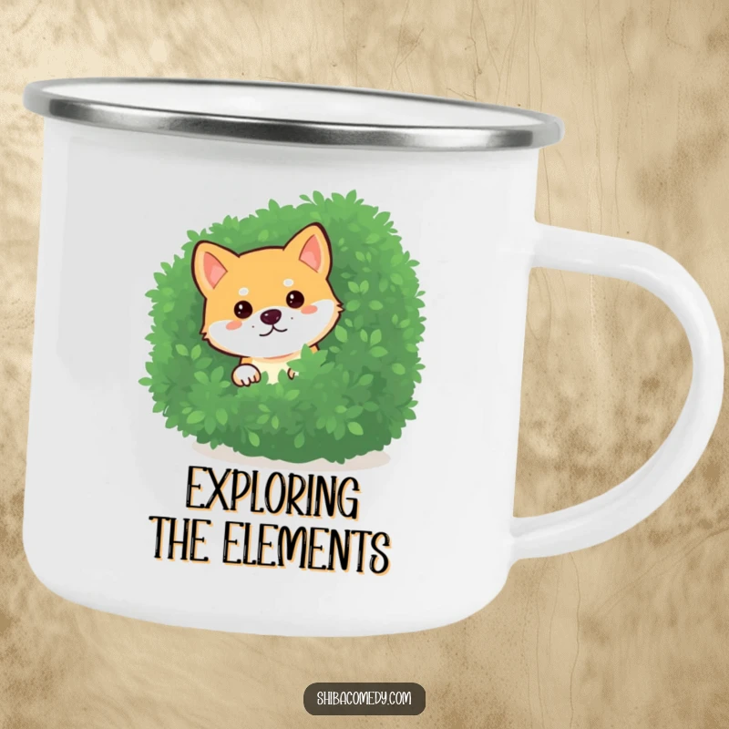 Funny Shiba Inu Camping Mug with a curious dog peeking from a bush, ideal for outdoor discovery and a funny gift.
