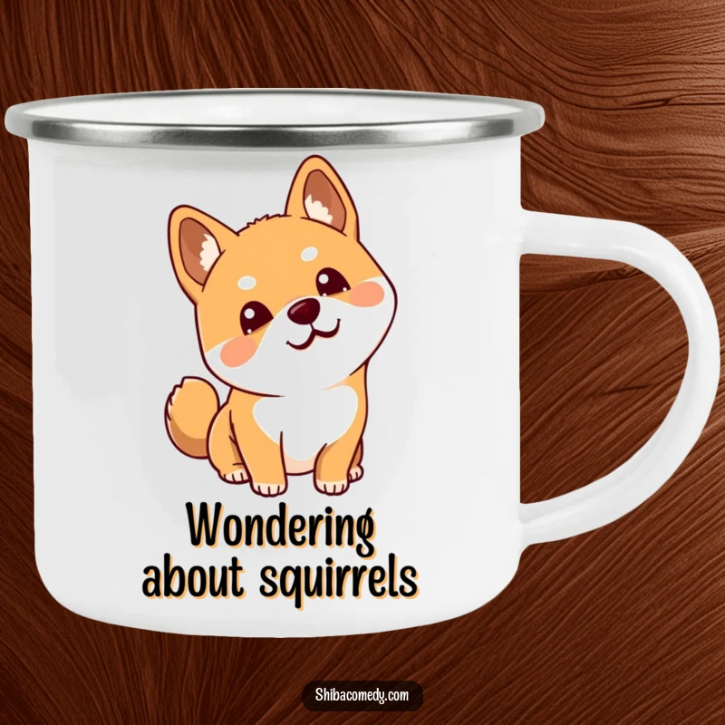 Funny Shiba Inu camping mug showing a dog tilting its head, ideal for outdoor adventures with a humorous and curious vibe.