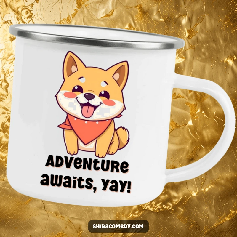 Funny Shiba Inu camping mug with a happy dog in a bandana, panting joyfully, perfect for outdoor adventures and humorous vibes.