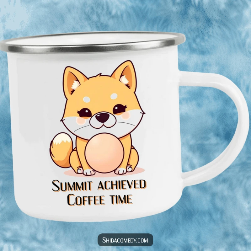 Funny Shiba Inu camping mug showing a dog with unwavering focus balancing a ball on its nose, rugged and humorous.