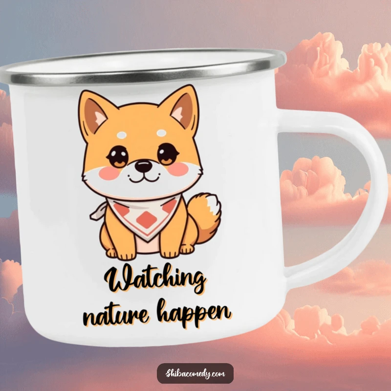 Funny Camping Mug with an alert Shiba Inu in a bandana, durable and humorous for outdoor adventures, a great gift.