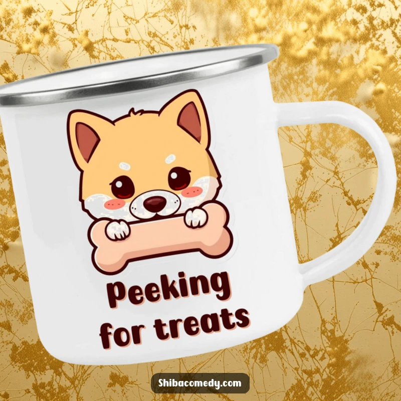 Funny Shiba Inu camping mug showing a curious dog peeking from behind a bone icon, perfect for outdoor mystery and fun.