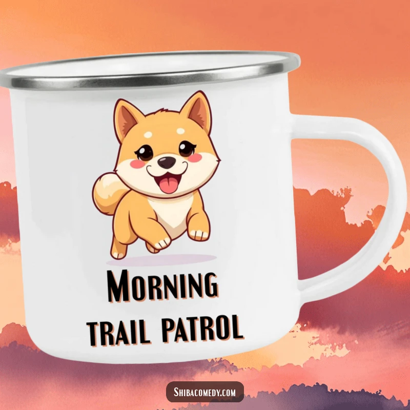Funny Shiba Inu camping mug showing an eager dog ready for a run, perfect for enjoying beverages during outdoor excursions.
