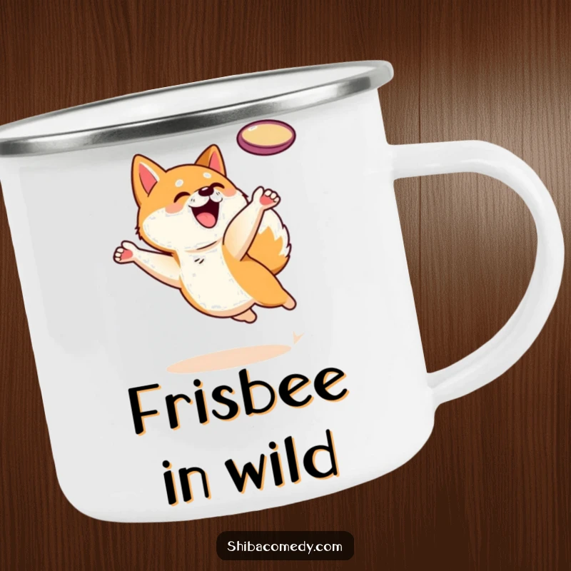 Funny Shiba Inu dog character leaping to catch a frisbee on a camping mug, ready for outdoor fun and energetic sips.