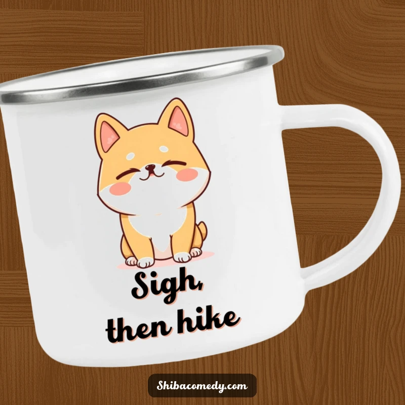 Funny Shiba Inu camping mug showing a dog with eyes closed, in a hilarious, happy sigh, perfect for outdoor relaxation.