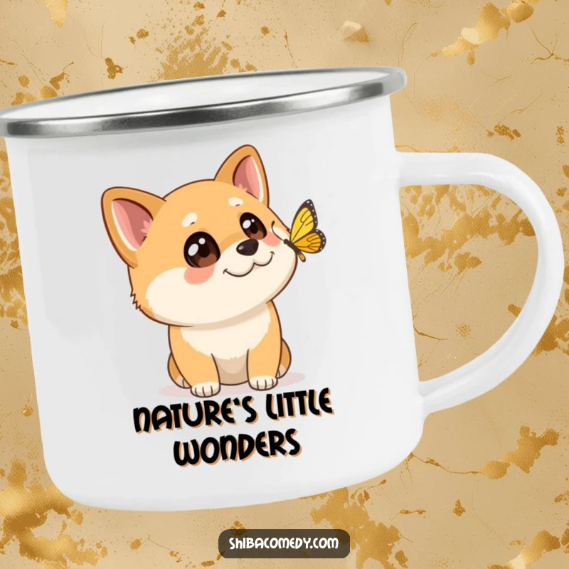 Funny Shiba Inu camping mug showing a dog with wide eyes watching a butterfly flutter past, ready for outdoor observation.