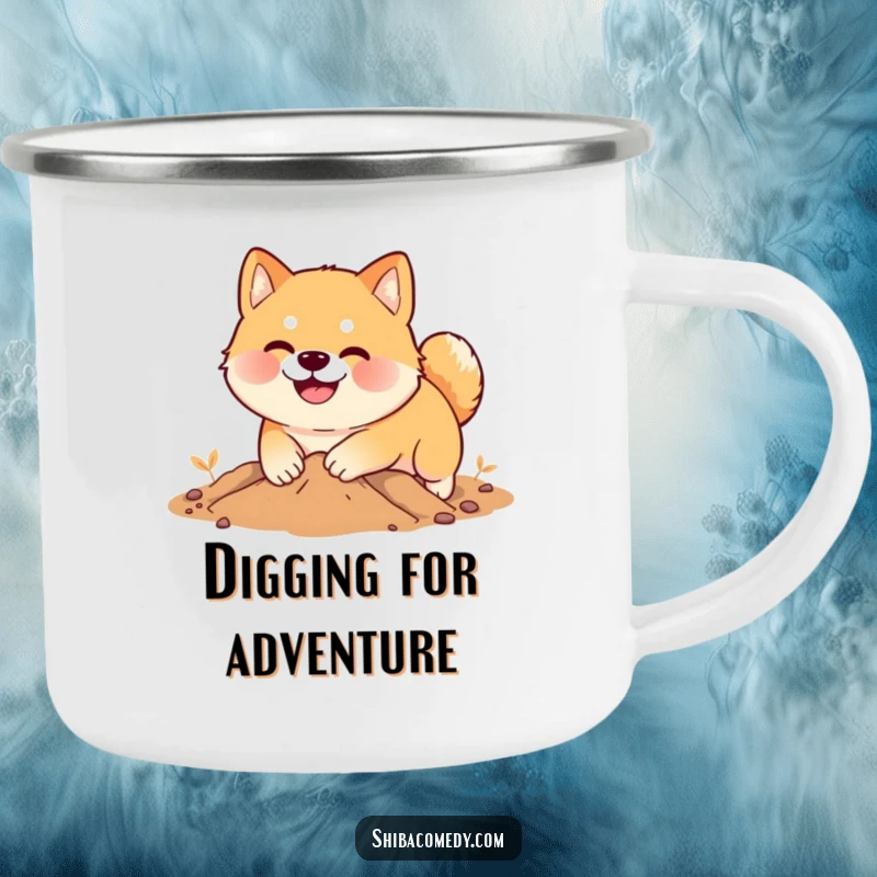 Funny Shiba Inu camping mug, a smiling dog digs enthusiastically in soft earth, durable humorous outdoor gift.