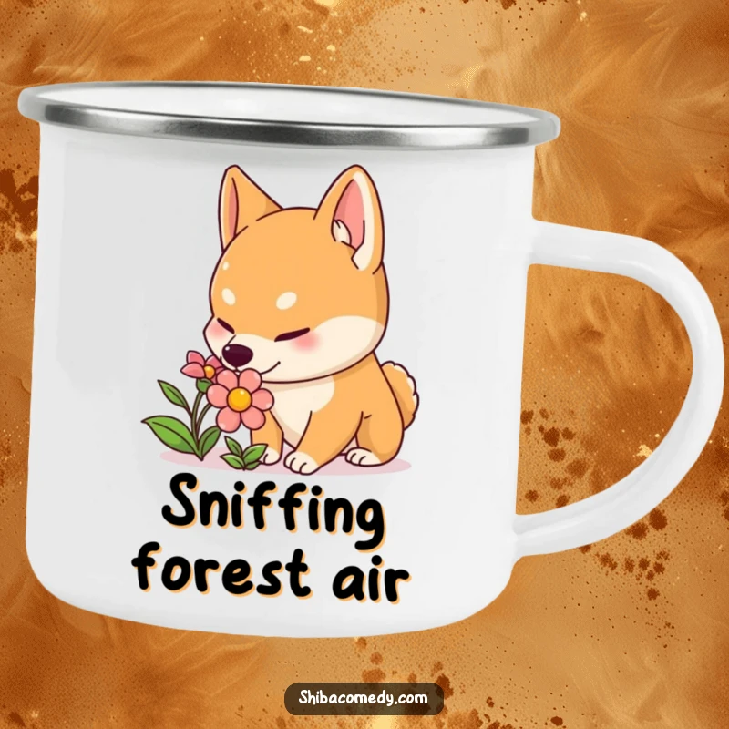 Funny Shiba Inu camping mug with a curious dog with perked ears sniffing a colorful flower, perfect for gentle outdoor humor.
