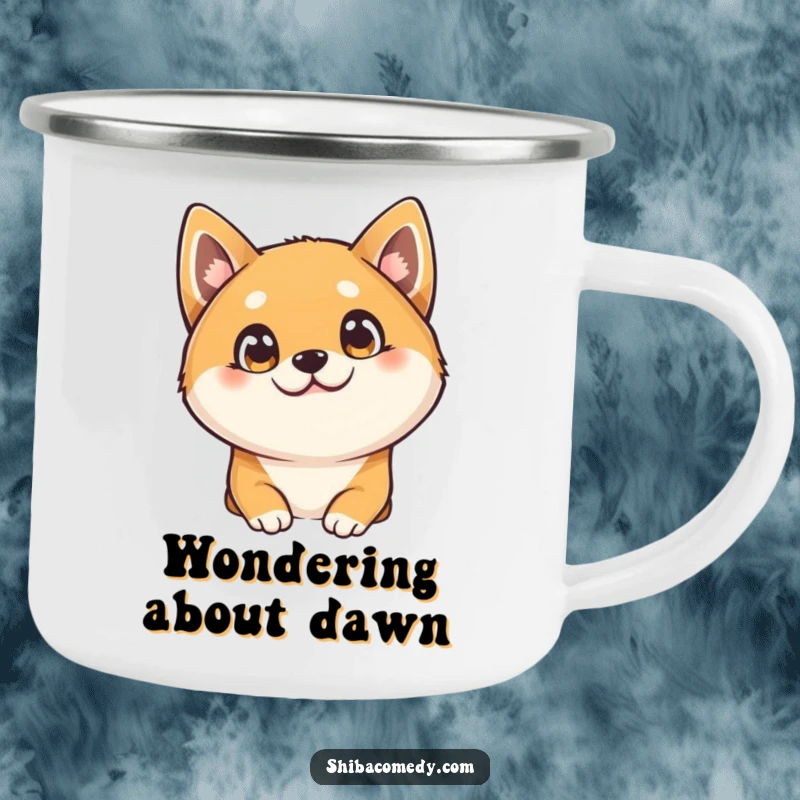 Funny Shiba Inu camping mug, a curious dog tilts its head with big bright eyes, durable humorous outdoor gift.