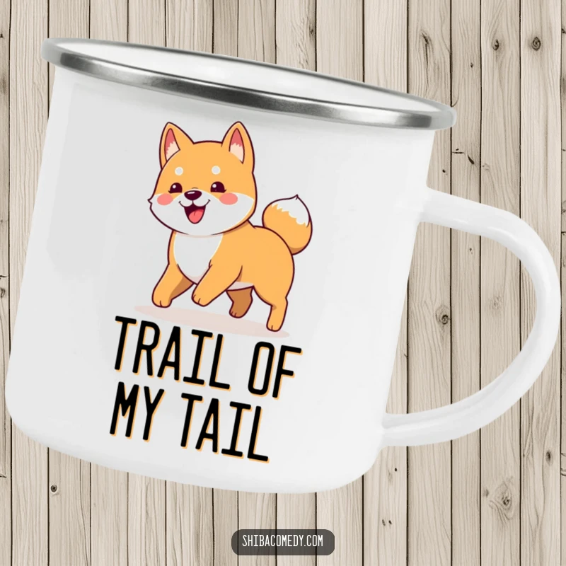 Funny camping mug featuring a playful Shiba Inu dog hilariously chasing its tail, perfect for outdoor fun.