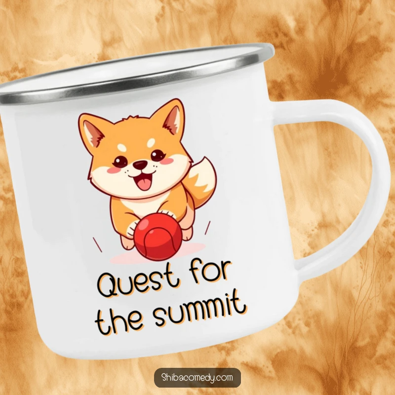 Funny Shiba Inu camping mug showing a determined dog chasing a red ball, perfect for adventures with humorous focus.