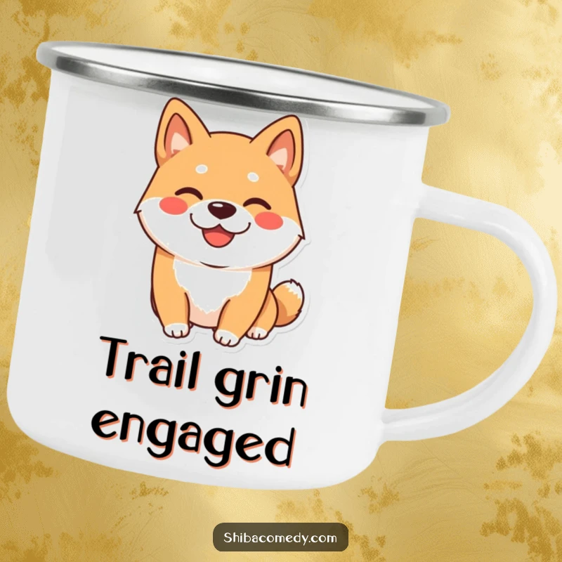 Funny Shiba Inu Camping Mug: A happy Shiba Inu dog with a wide, playful grin, ideal for sipping on the go.