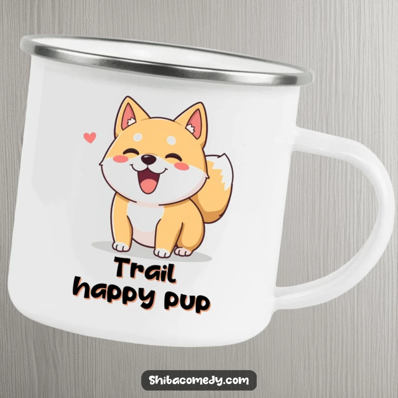 Funny Shiba Inu dog character with a fluffy tail wagging on a camping mug, ready for outdoor fun and warm drinks.