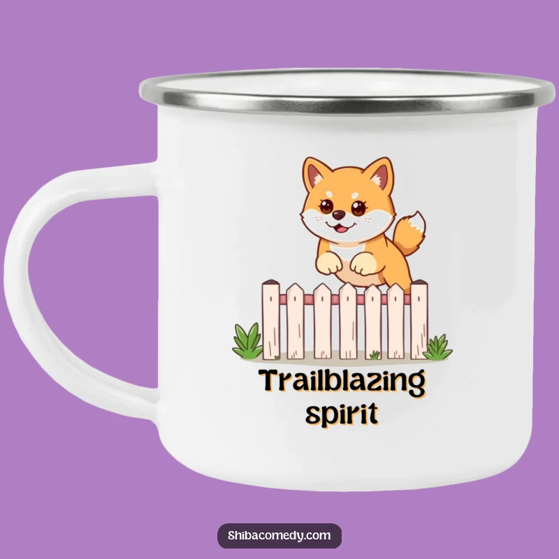 Funny Shiba Inu Leaping Camping Mug: Adventures Fueled by Determination!