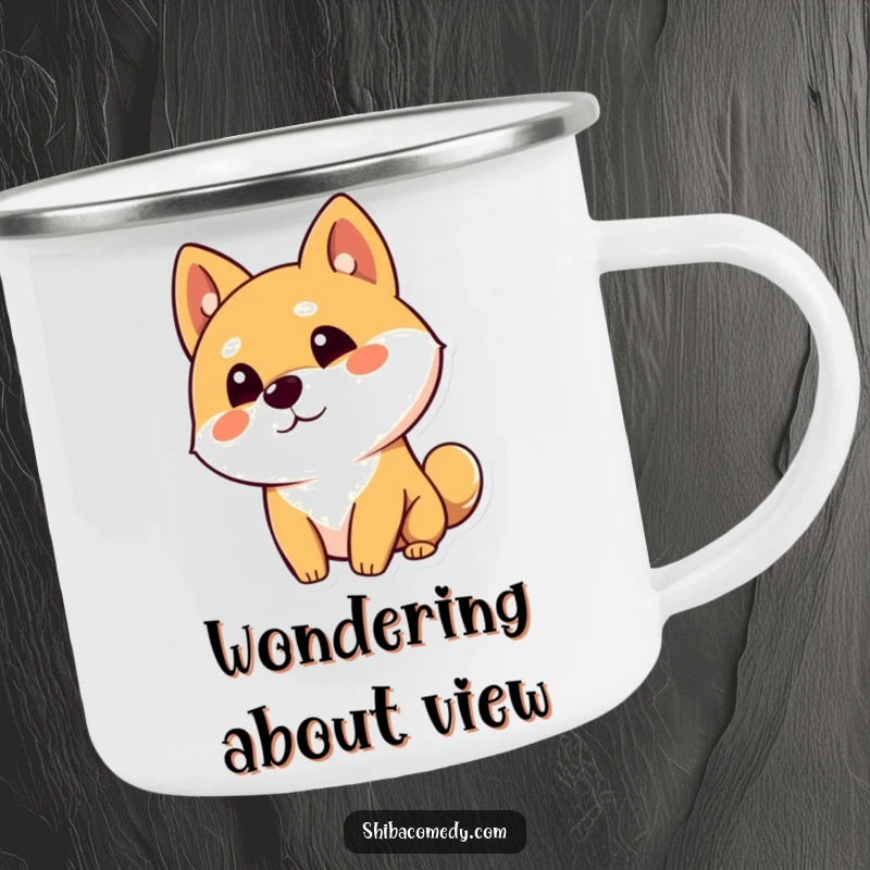 Funny Shiba Inu dog character tilting its head curiously with one ear up on a camping mug, ready for thoughtful sips.