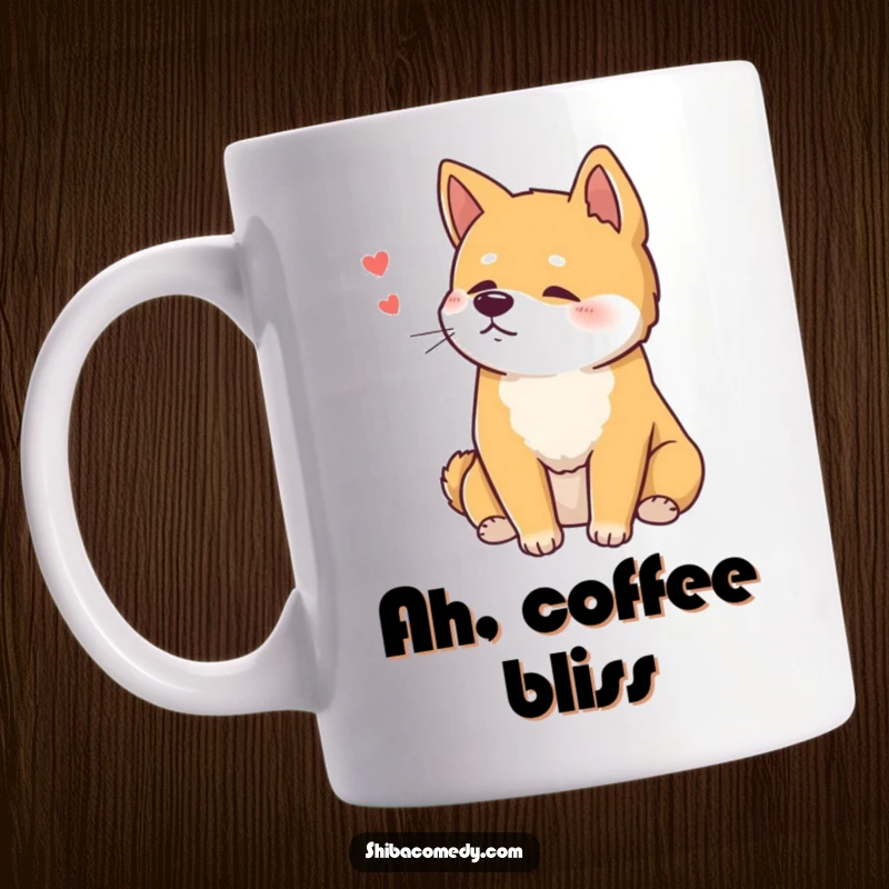 Funny Content Shiba Inu Mug showing a dog sitting with a contented sigh, perfect for relaxation and a funny gift.