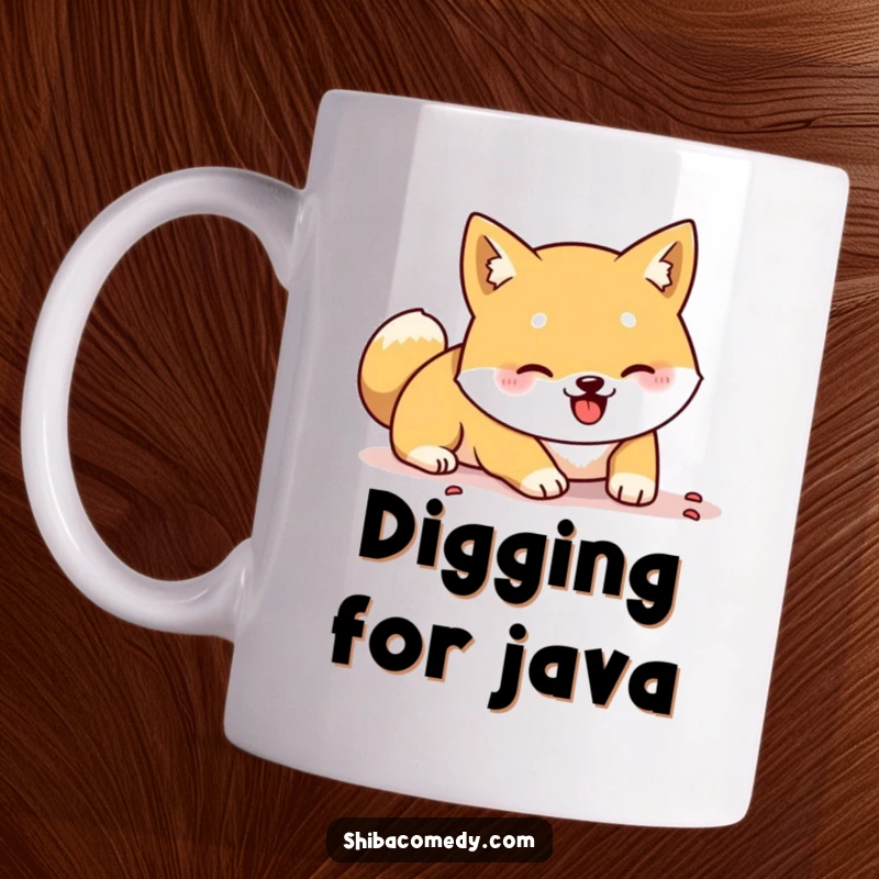 Funny Shiba Inu character digging energetically with its paws, depicted on a mug for a humorous and relatable gift.