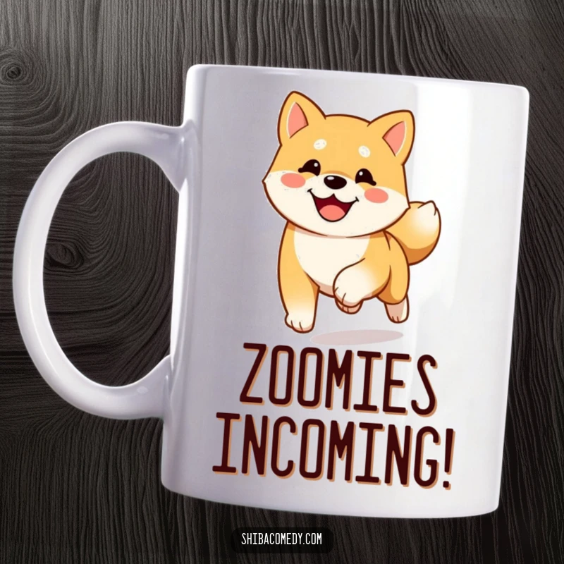 Funny happy Shiba Inu mug with a dog running towards the viewer, tail wagging enthusiastically, conveying pure joy.
